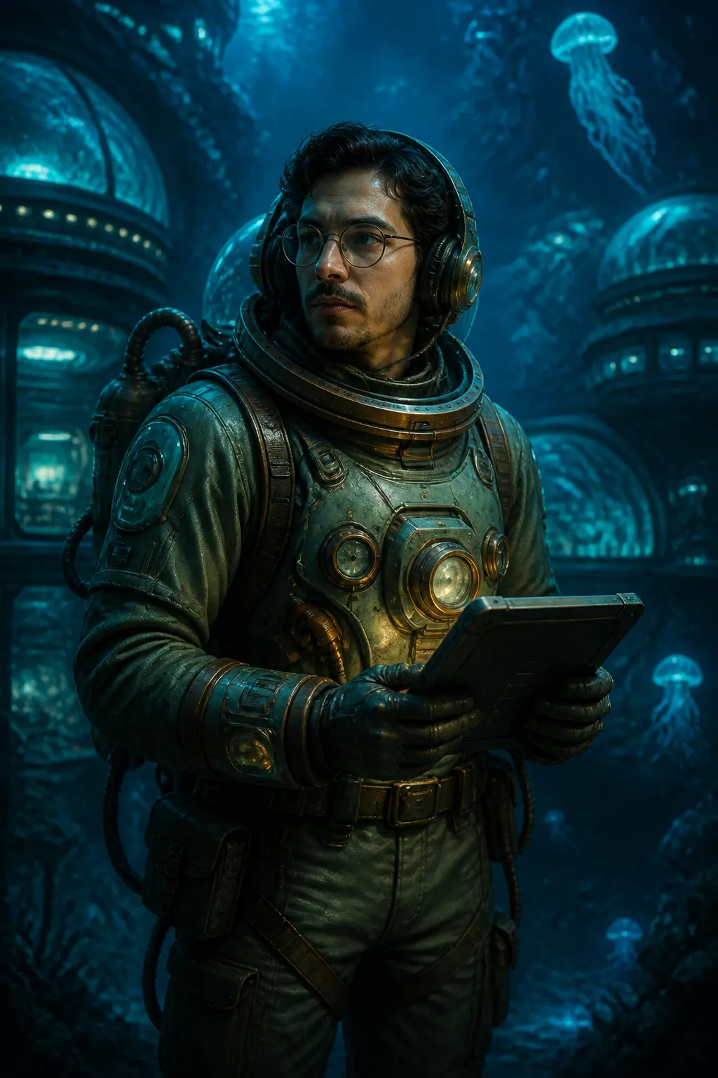 A fictional adult reimagined as a retro-futurist deep-sea explorer holding a data tablet inside a glowing bioluminescent research station.