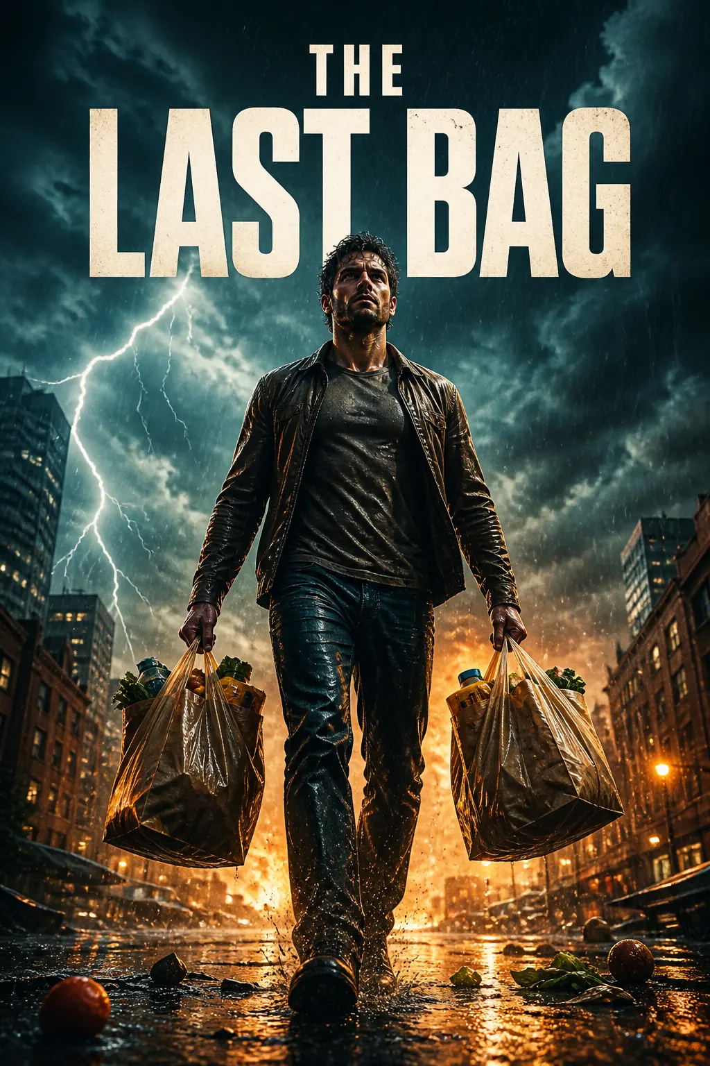 An original movie poster titled THE LAST BAG showing a fictional hero carrying groceries through a stormy city with exaggerated cinematic drama.