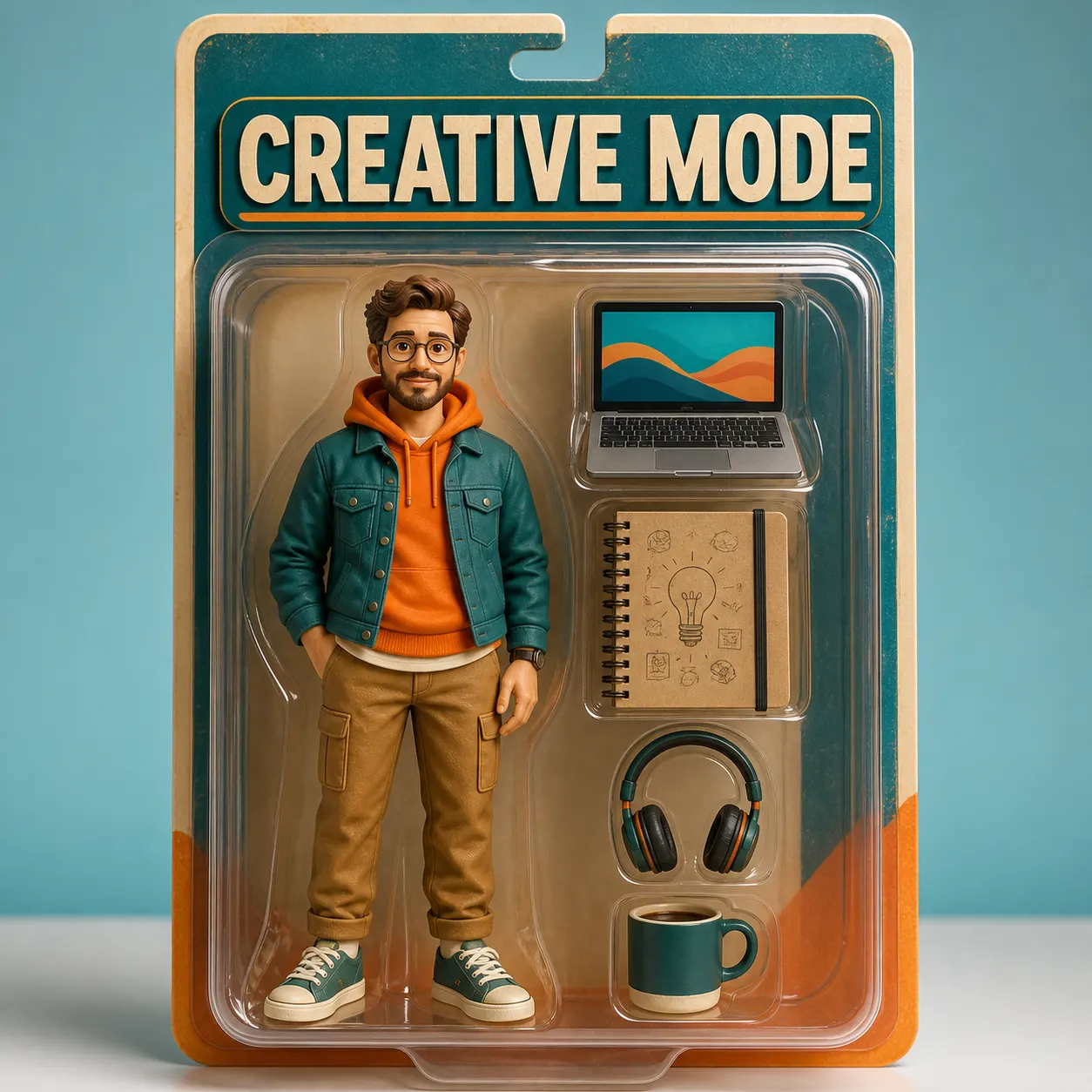 A fictional creative professional presented as a boxed action figure with a laptop, sketchbook, headphones, and coffee mug.