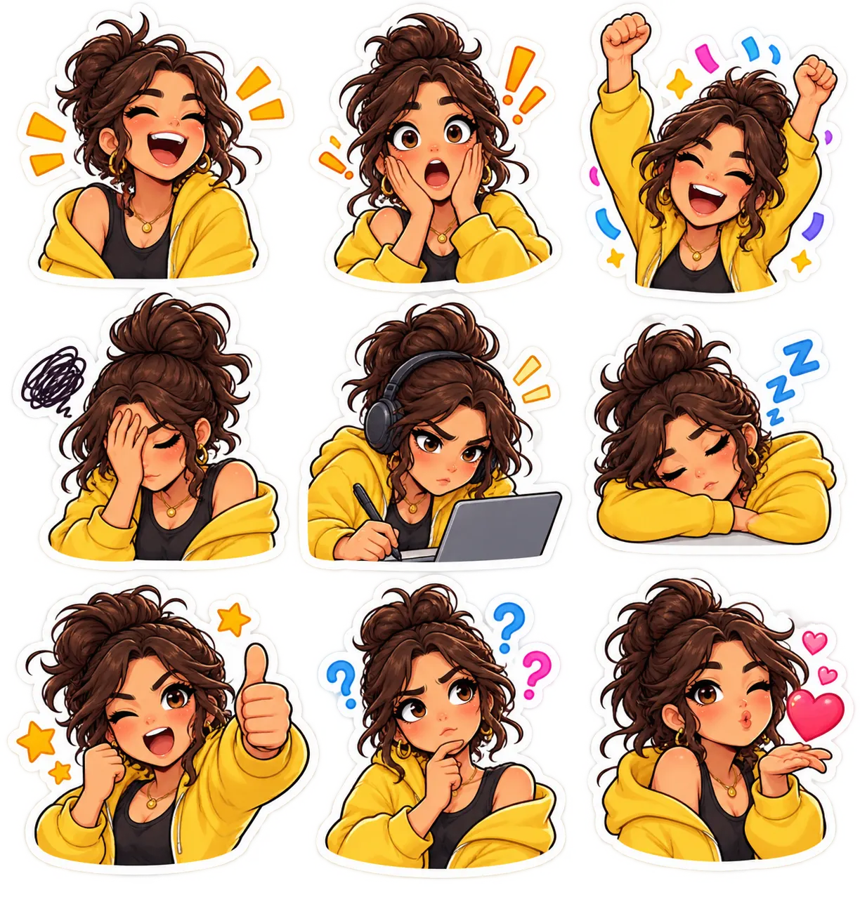 A colorful nine-piece reaction sticker pack featuring one consistent fictional character laughing, celebrating, facepalming, focusing, sleeping, and reacting.