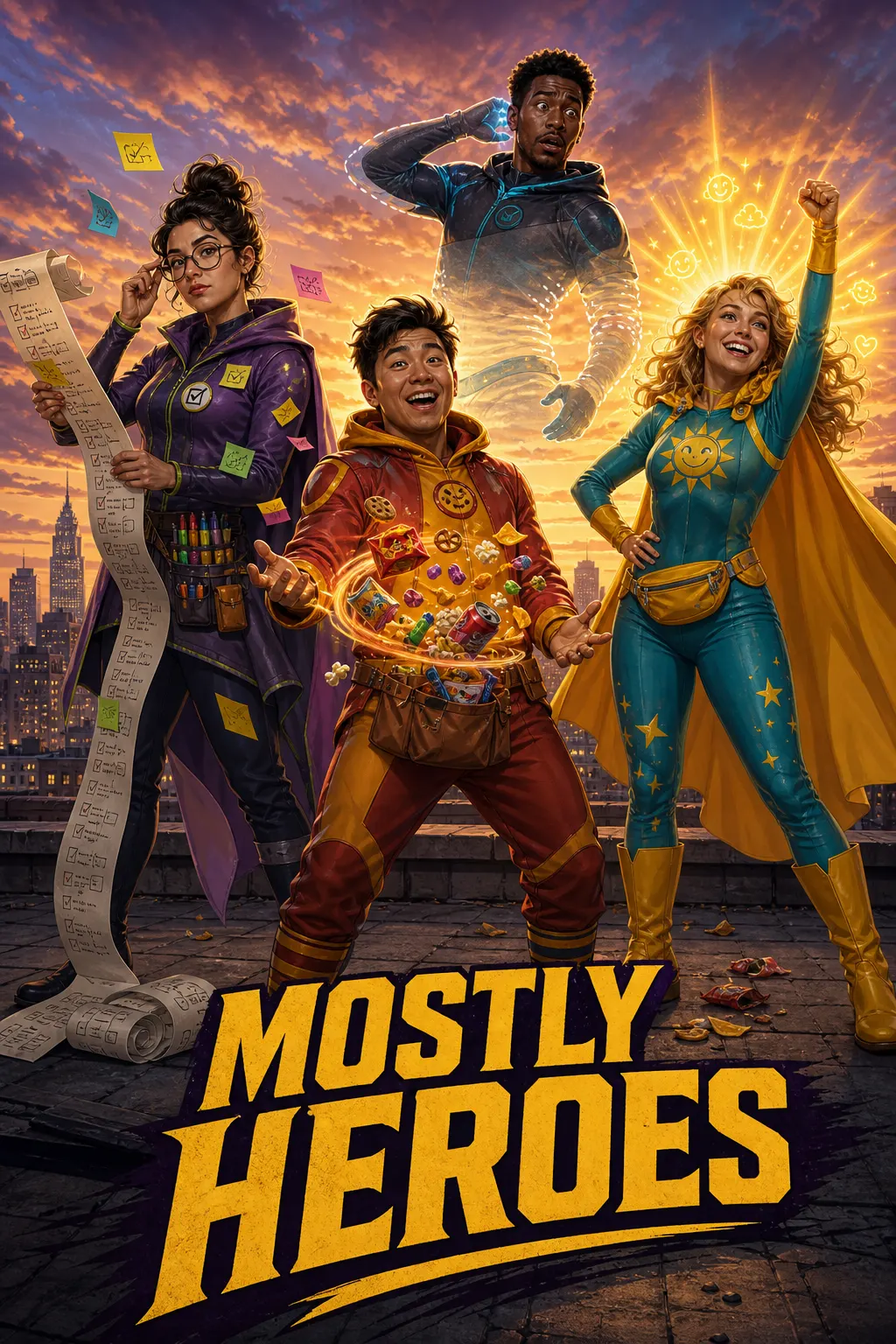 An original comic-book poster titled MOSTLY HEROES showing four diverse fictional adult friends with humorous powers on a rooftop at sunset.