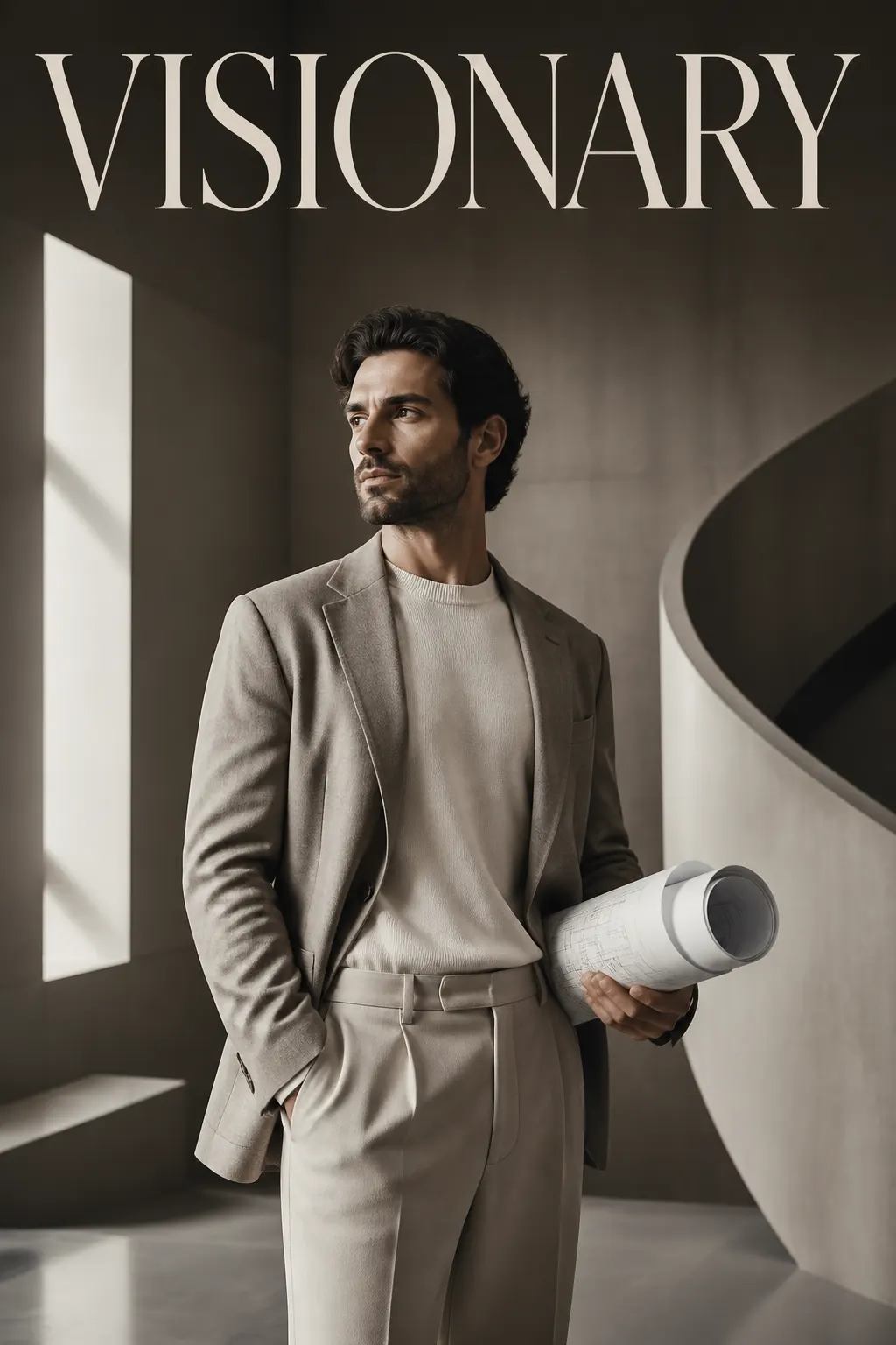 An original luxury magazine cover titled VISIONARY featuring a fictional architect in neutral tailoring inside a sculptural modern interior.
