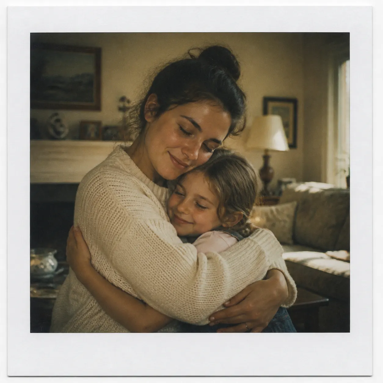 A fictional adult warmly hugging their childhood self in a softly lit living room, presented as an instant-film photograph.