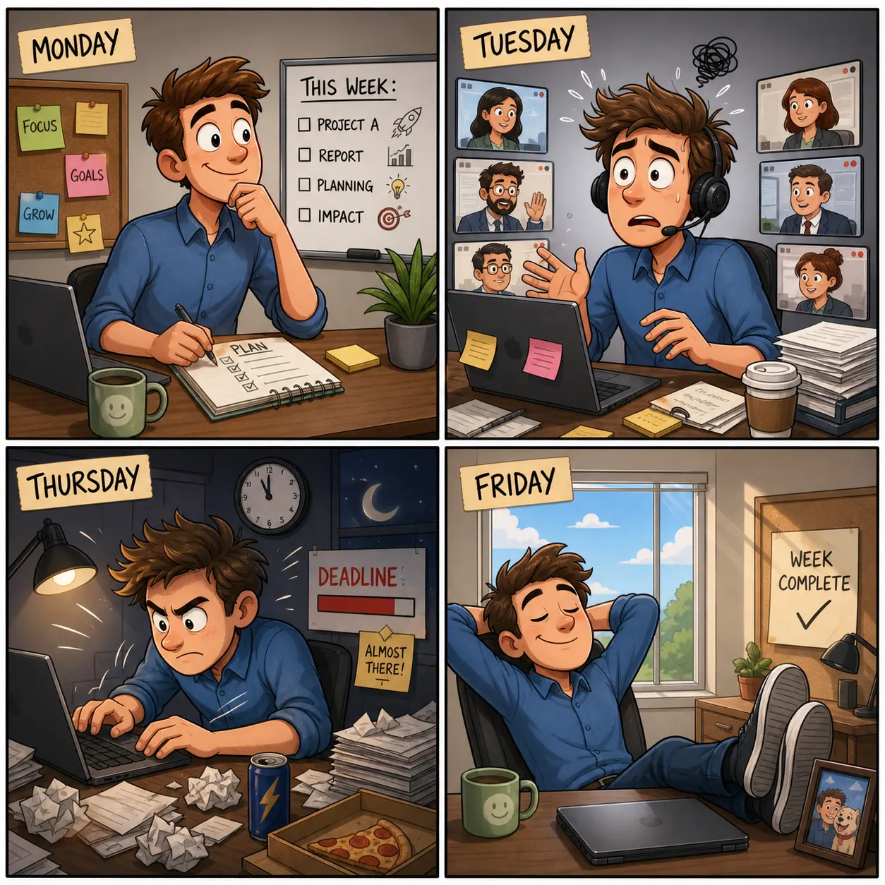 A four-panel modern comic showing the same fictional office worker planning on Monday, overwhelmed on Tuesday, racing a Thursday deadline, and relaxing on Friday.