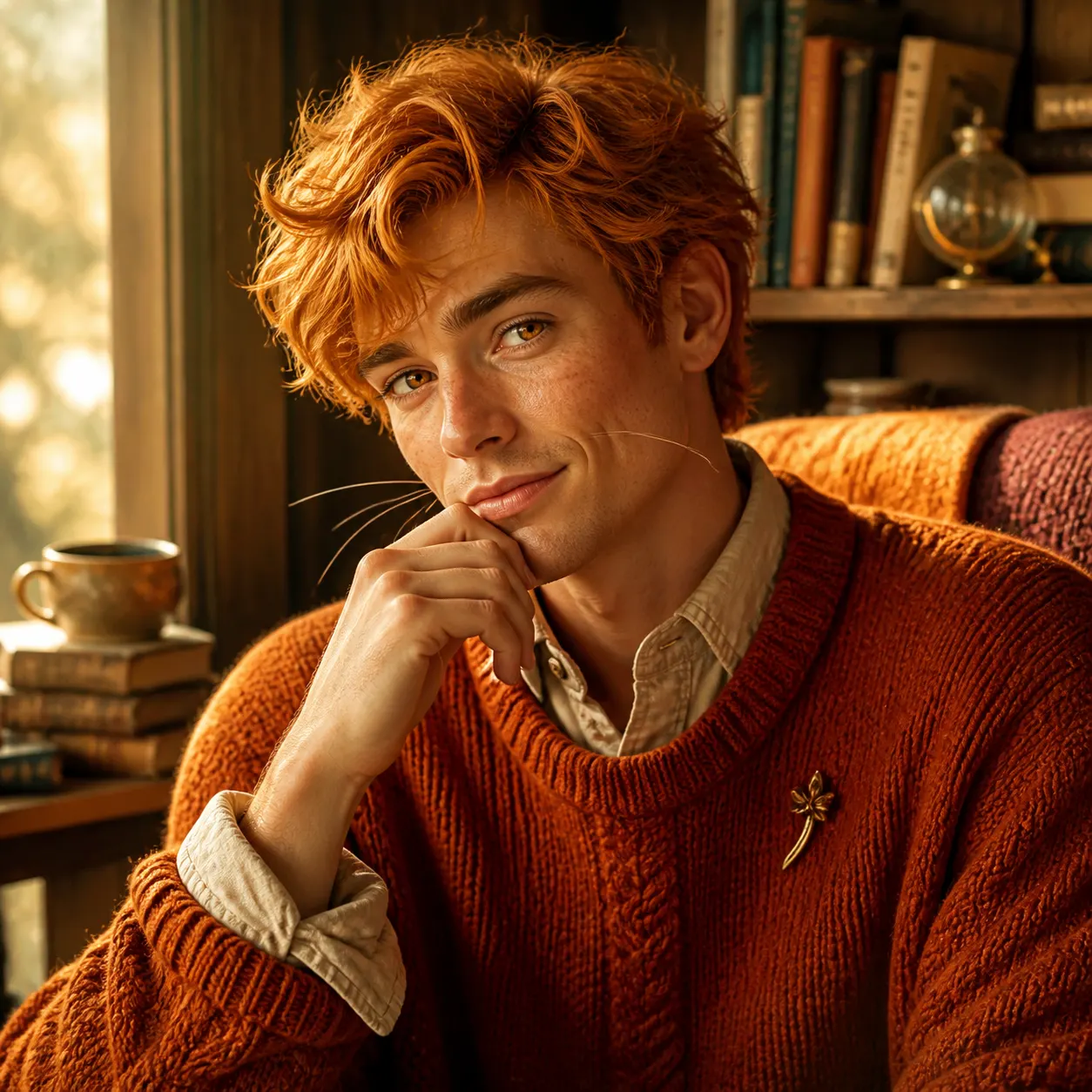 A fictional human character inspired by an orange tabby, with rust-colored hair and knitwear, amber eyes, and a confident expression in a reading nook.