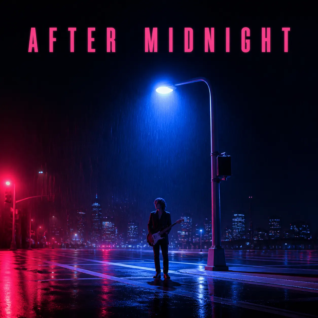 An original indie-pop album cover titled AFTER MIDNIGHT with a fictional musician under a blue streetlight on a rainy city street.