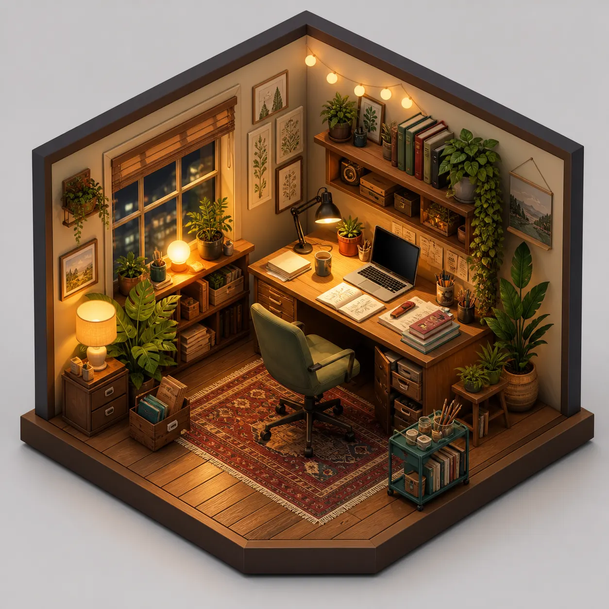 A warm isometric miniature creative office with a wooden desk, green chair, bookshelves, plants, lamps, and a patterned rug.