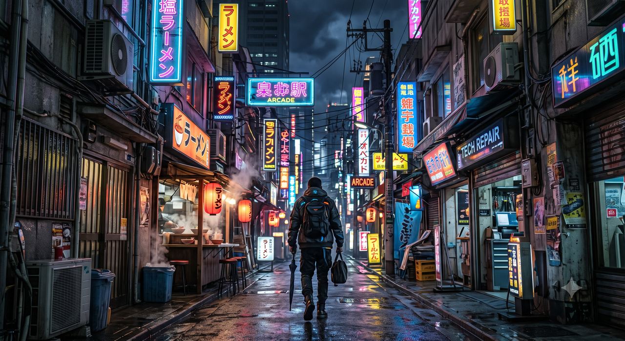 Listing sample for Flux Prompt for Cyberpunk Alley Art (style concept; not an end-user likeness)