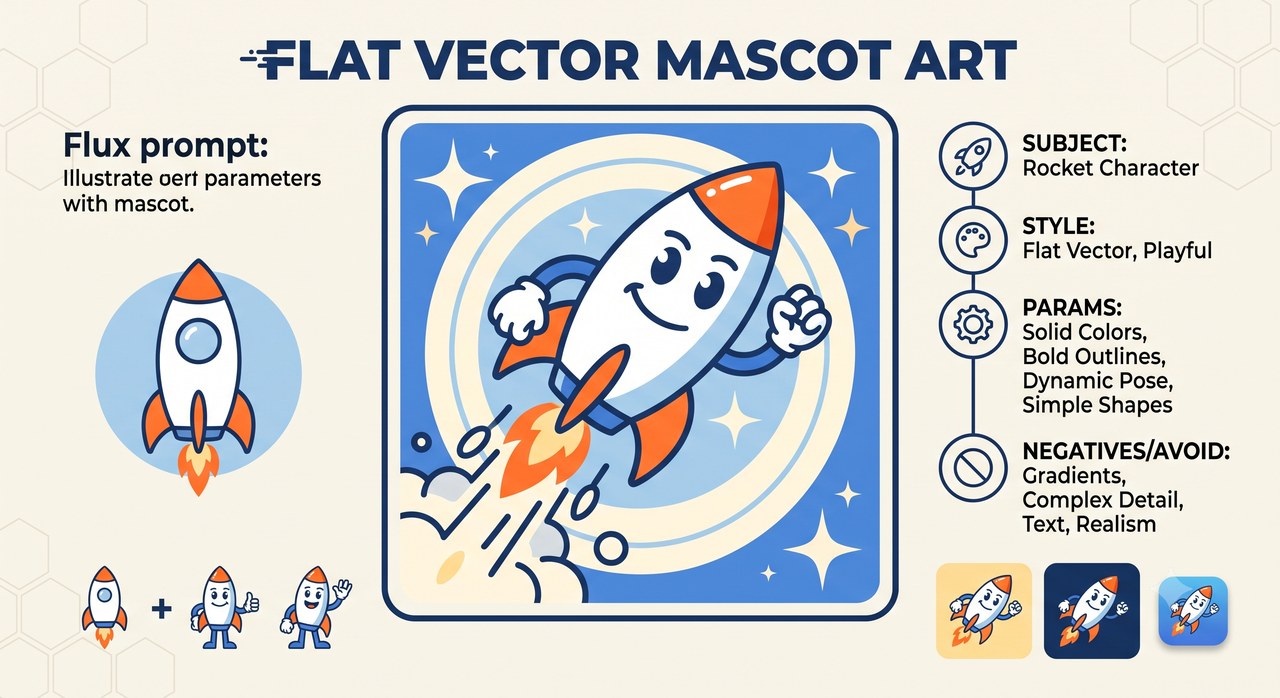 Listing sample for Flux Prompt for Flat Vector Mascot Art (style concept; not an end-user likeness)