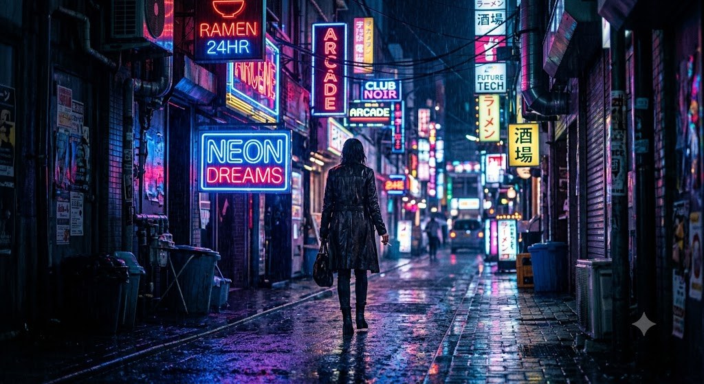 Listing sample for Flux Prompt for Neon Noir Scene Art (style concept; not an end-user likeness)