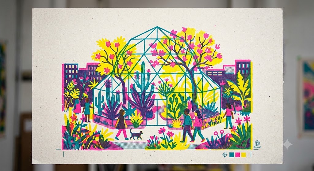 Listing sample for Flux Prompt for Risograph Poster Art (style concept; not an end-user likeness)