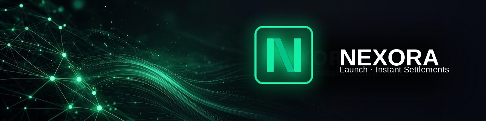 LinkedIn campaign banner sample: NEXORA with large emerald N logo clearly visible and softly blended near the name, Instant Settlements product vibe on fintech backdrop, 1584×396