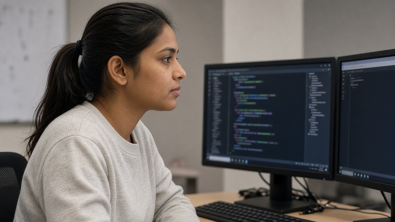 Diverse stock-style listing preview of a developer at a dual-monitor desk (not the end user's face)