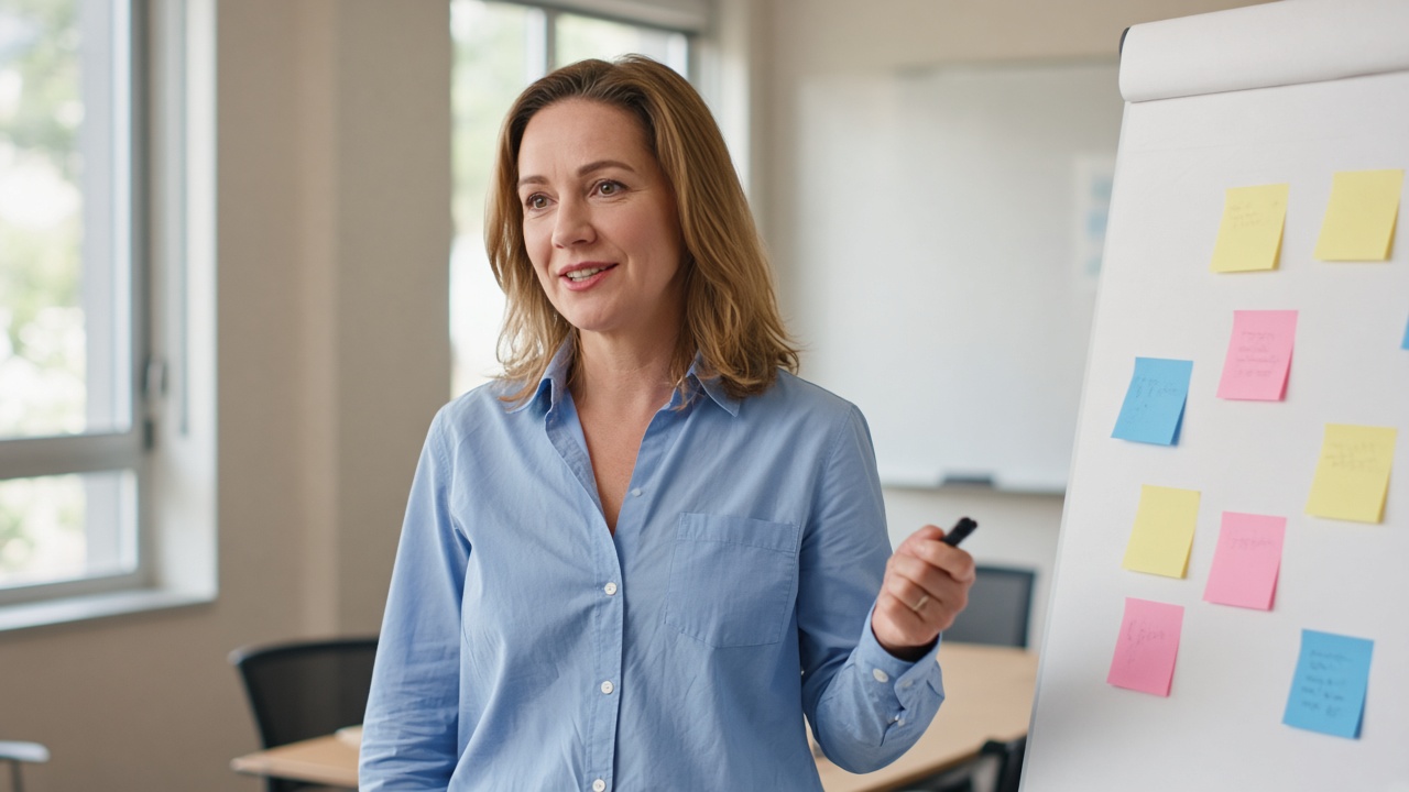 Diverse stock-style listing preview of a workshop facilitator beside a flipchart (not the end user's face)
