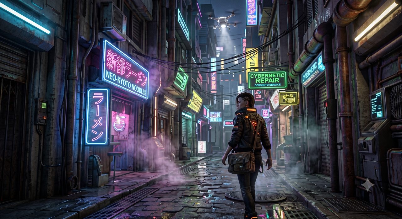 Listing sample for Midjourney Prompt for Cyberpunk Alley Art (style concept; not an end-user likeness)