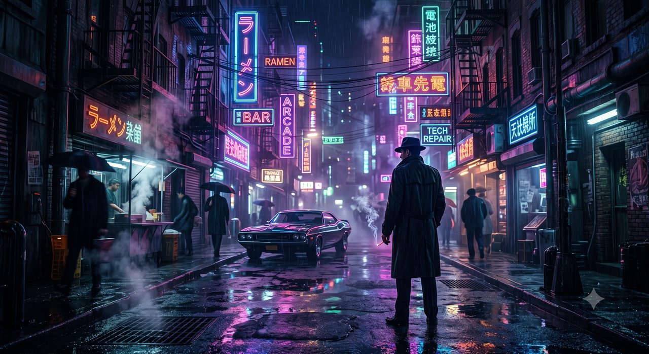 Listing sample for Midjourney Prompt for Neon Noir Scene Art (style concept; not an end-user likeness)