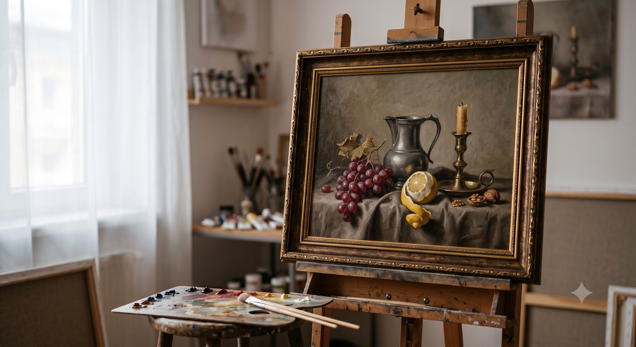 Listing sample for Midjourney Prompt for Oil Painting Still Life Art (style concept; not an end-user likeness)