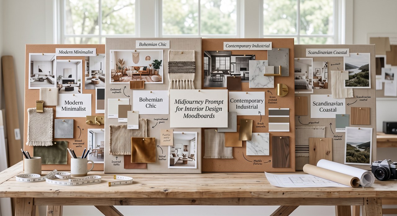 Listing sample for Midjourney Prompt for Interior Design Moodboards (style concept; not an end-user likeness)