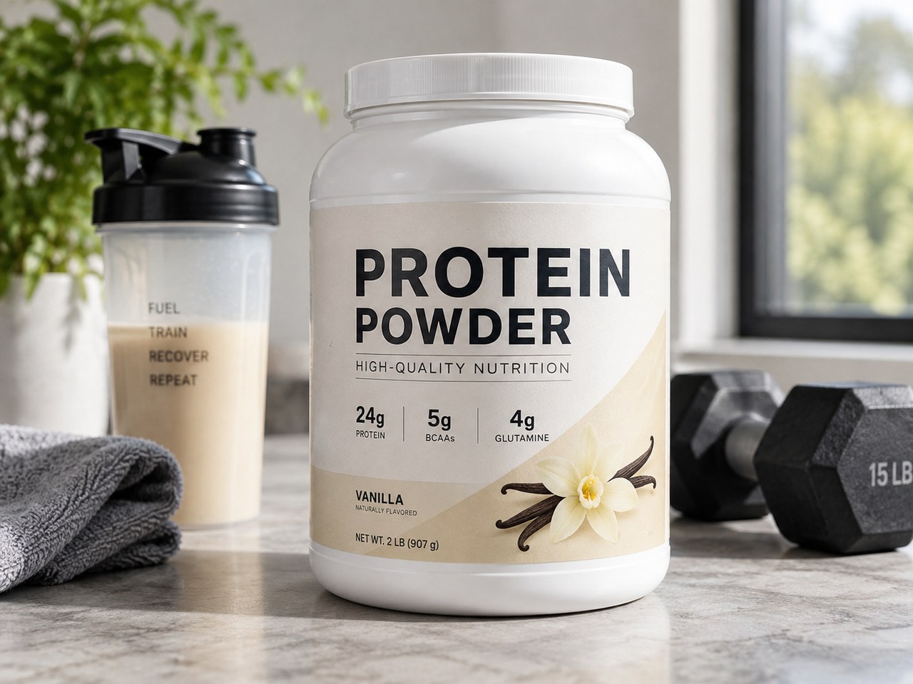Product showcase sample for Midjourney Prompt for Protein Powder Tub Product Photography (style concept; not an end-user likeness)
