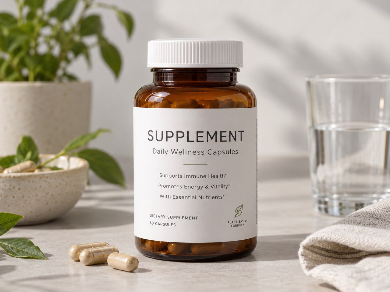 Product showcase sample for Midjourney Prompt for Supplement Bottle Product Photography (style concept; not an end-user likeness)