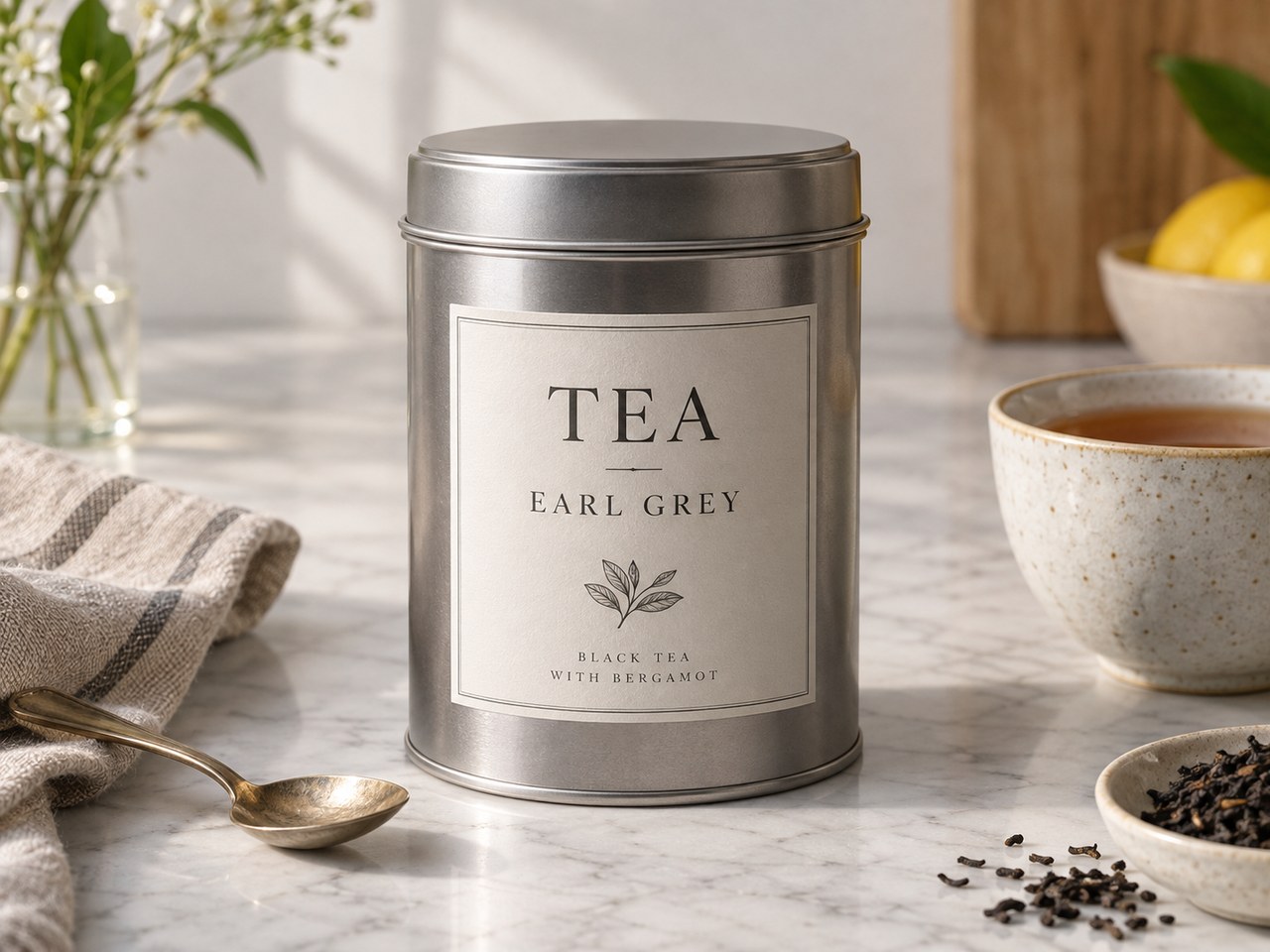 Product showcase sample for Midjourney Prompt for Tea Tin Product Photography (style concept; not an end-user likeness)