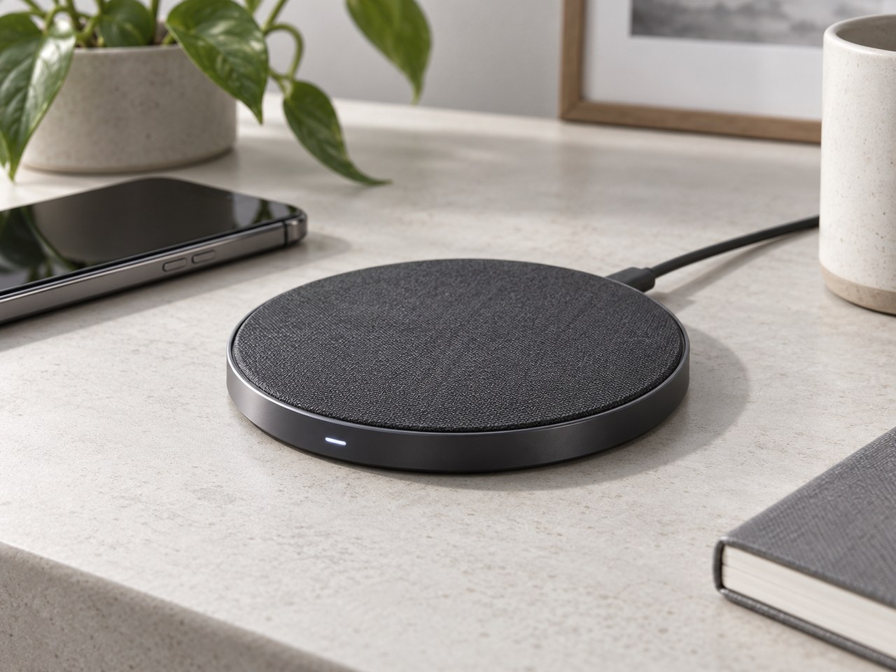 Product showcase sample for Midjourney Prompt for Wireless Charger Product Photography (style concept; not an end-user likeness)